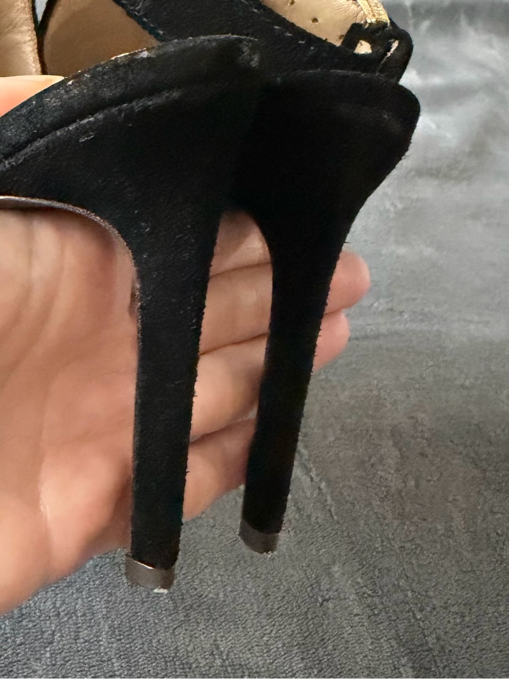 Tory Burch Black Suede Peep-Toe Stiletto Sandals with Gold Buckle - Picture 11 of 14